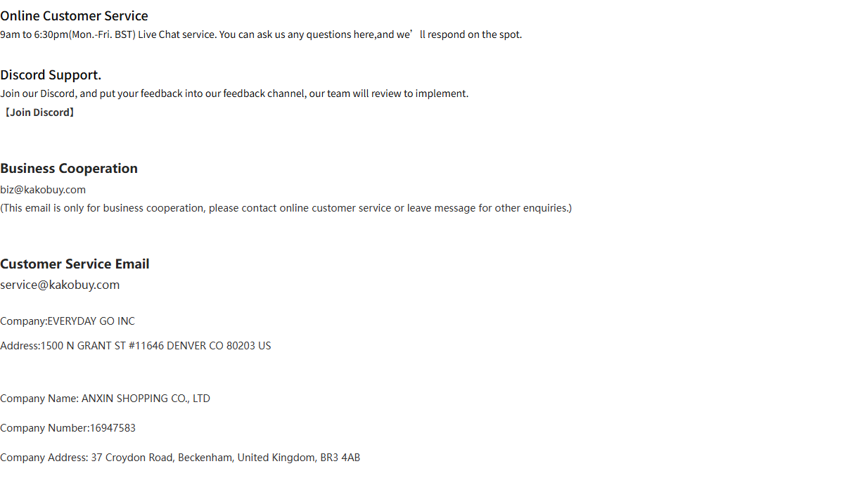 The operator's contact page showing live chat hours, Discord, the service and business email addresses, and two company registrations