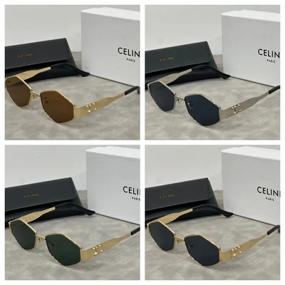 Four pairs of hexagonal sunglasses beside their branded cases