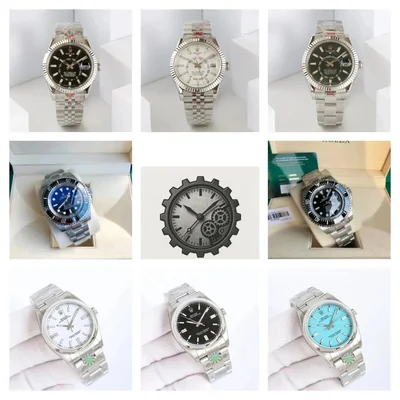 Nine wristwatches with steel bracelets and different dial colours, shown in a grid