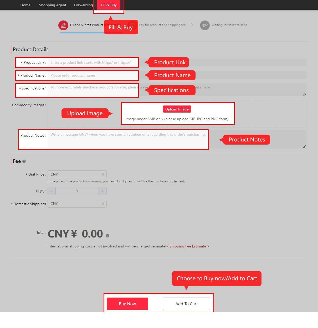 Official Fill and Buy form with link, name, specification and domestic delivery fields