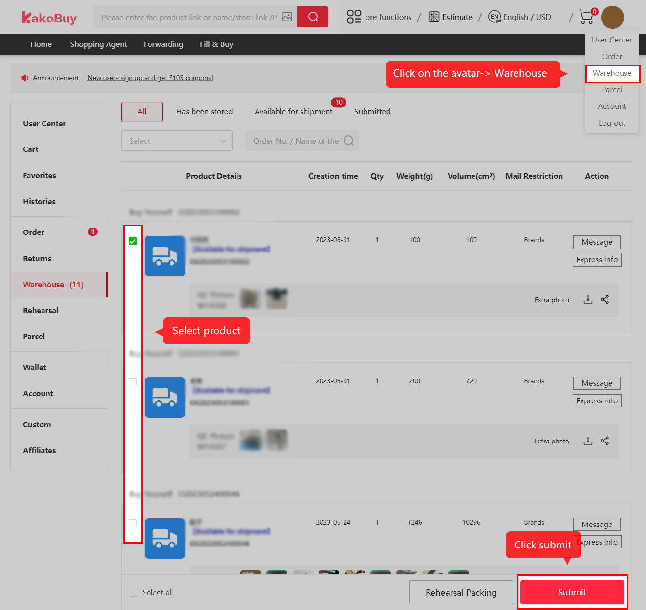 Select warehouse items and choose Submit