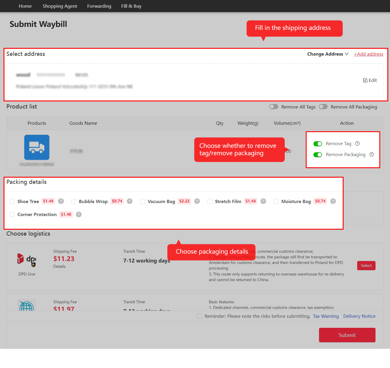 Submit Waybill address, packaging removal and packing options
