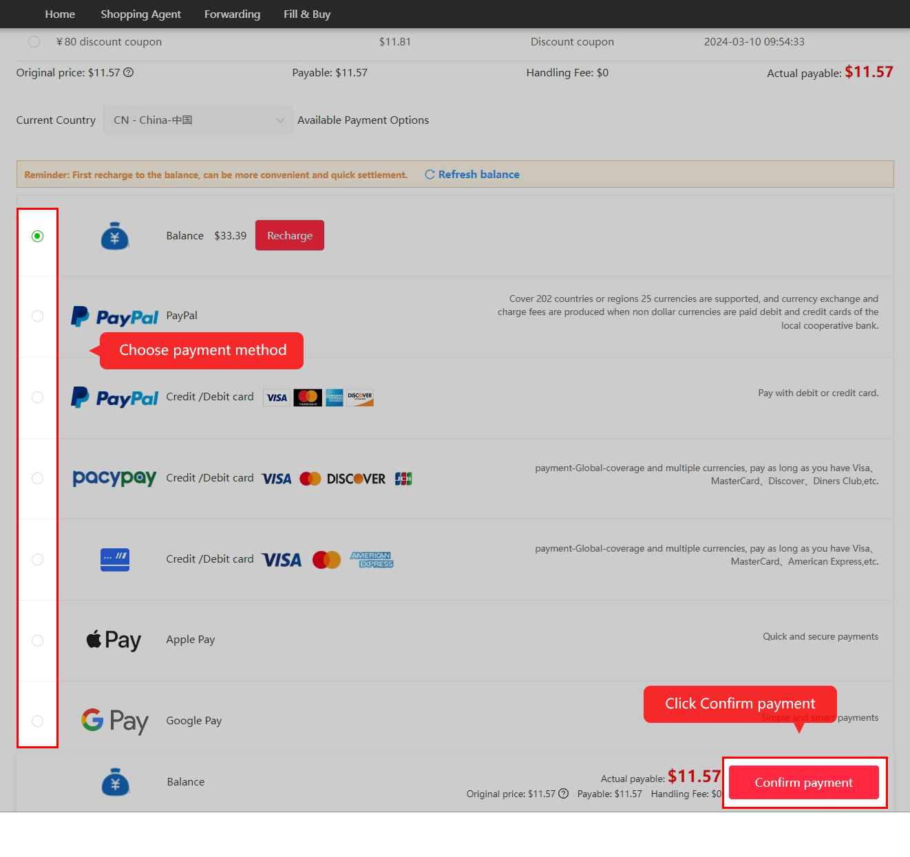 Parcel checkout with coupon and payment options